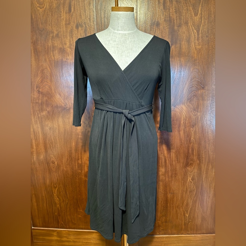 Eileen Fisher Black Wrap Midi Dress with Tie Waist